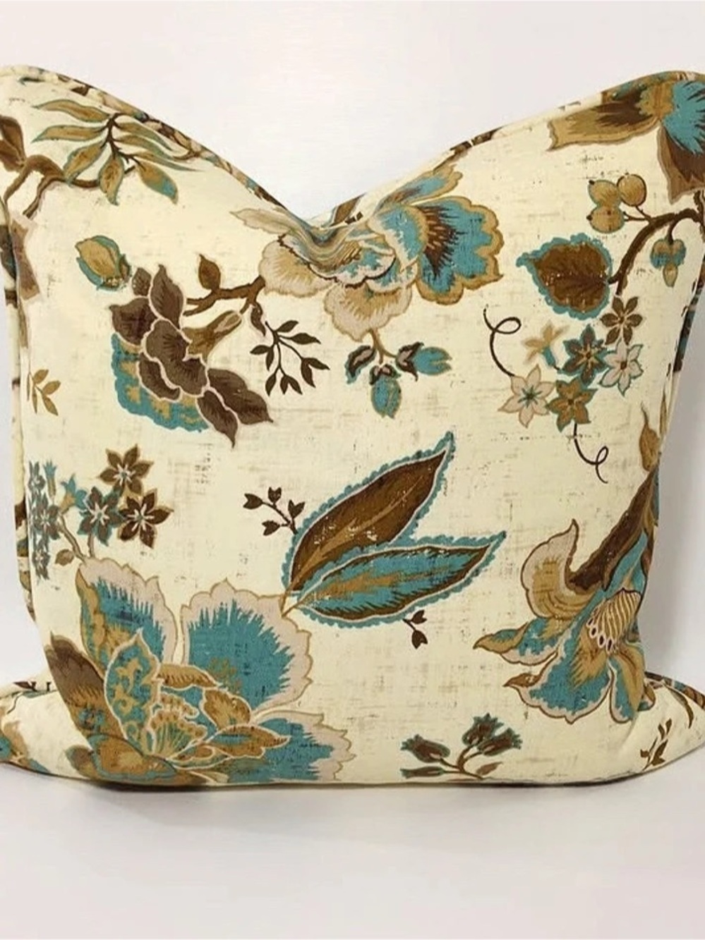 Waverly Hand-made Floral Accent Pillow in Cream & Teal Set of 2